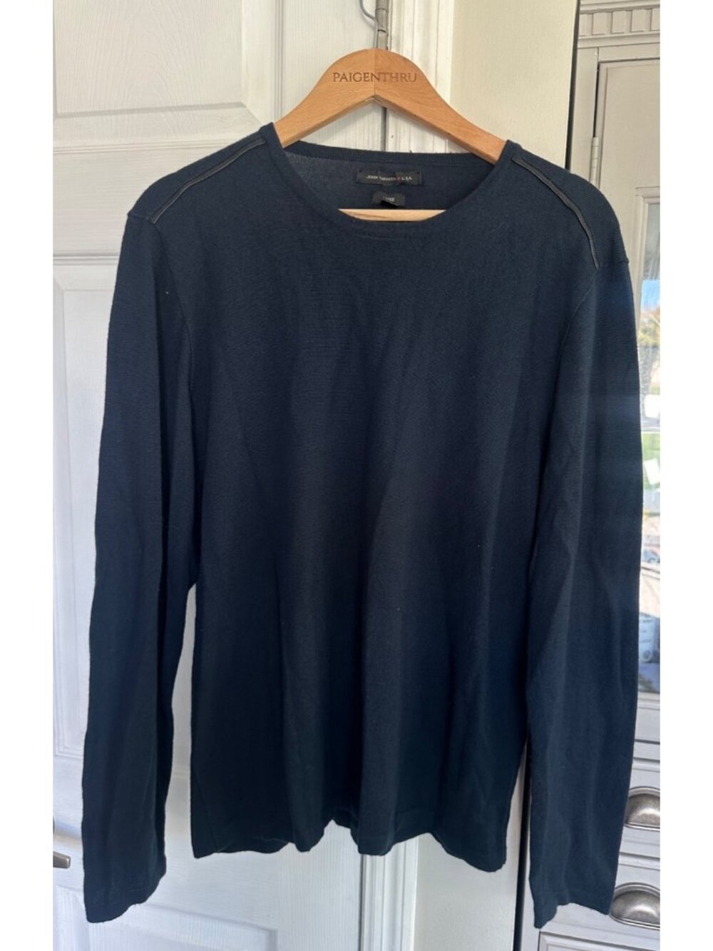 John Varvatos Luxe Mens Navy Wool Blend Sweater L Leather Elbow Patch